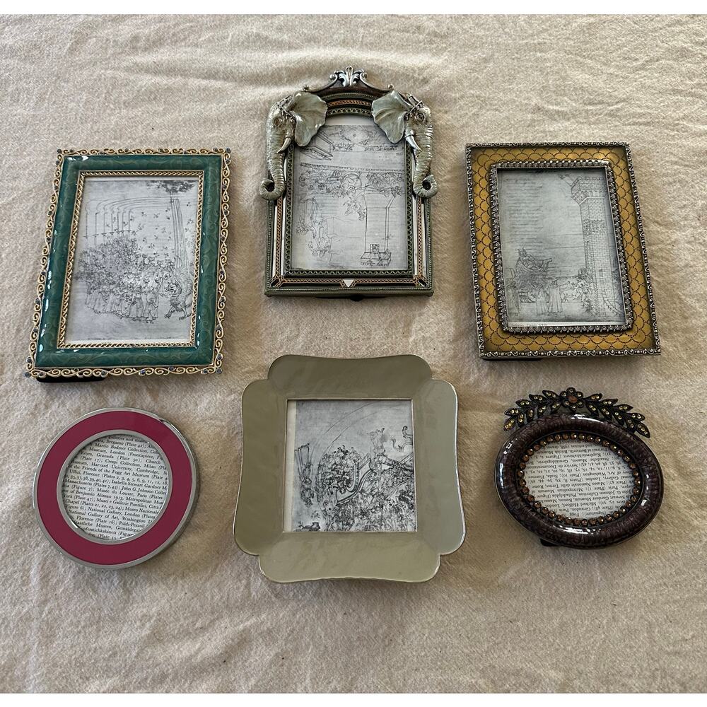 Lot of 6 metal enameled Picture Frames miniature tabletop elephant oval set